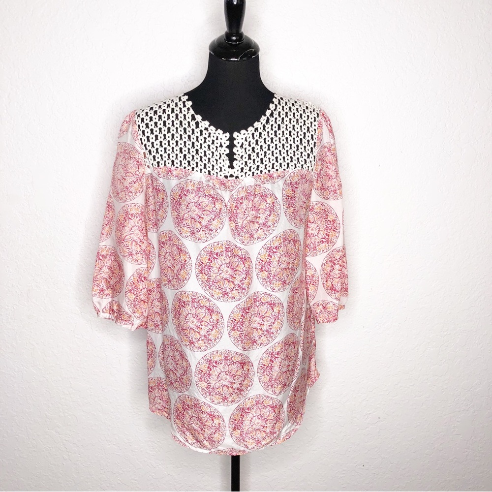 Calypso St Barth Target white pink orange geometric floral silk top size‎ Medium